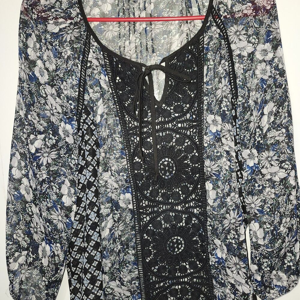 Daniel Rainn Floral Lace Trim Semi Sheer Boho Blouse Women's Petite Large - Picture 3 of 9